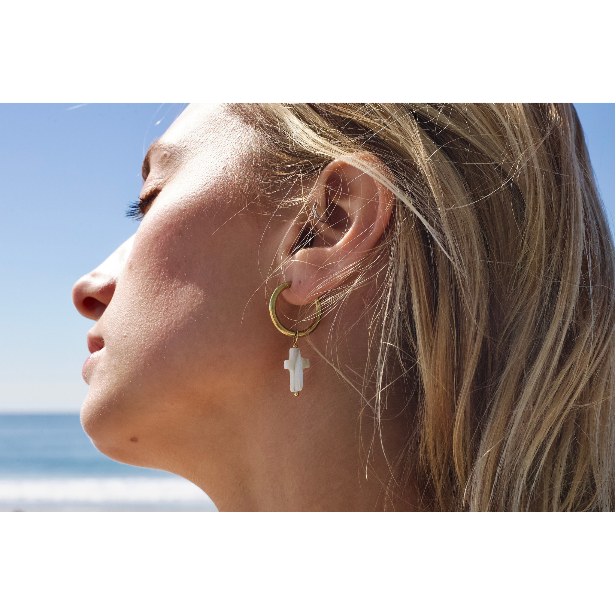 Mother of Pearl Cross Hoop Earrings - Image 3