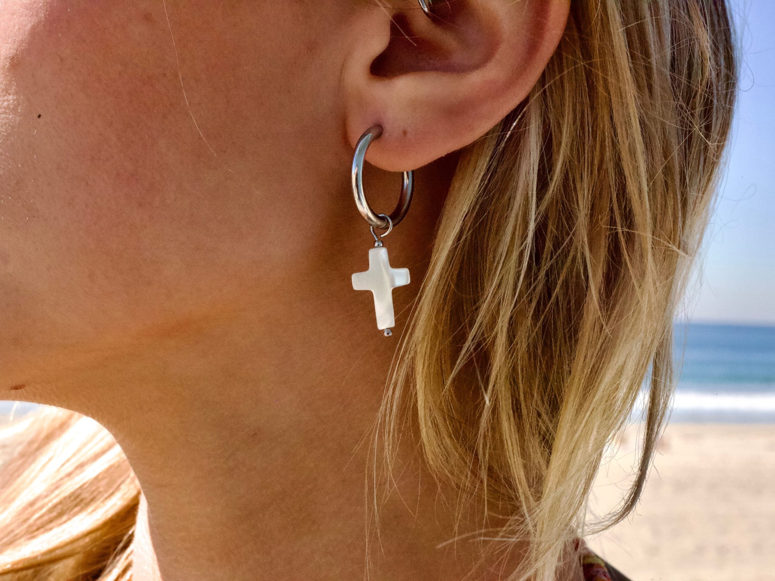 Mother of Pearl Cross Hoop Earrings